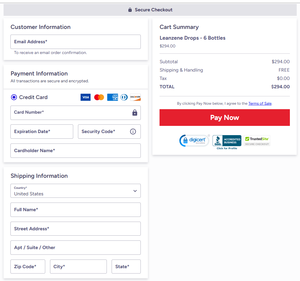 Leanzene secure checkout page